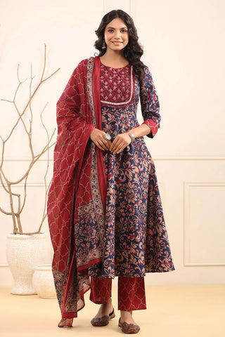 Women Floral Embroidered Pure Cotton Kurta with Trousers and Dupatta