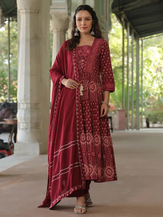 Women Panel Printed Maroon Anarkali Kurta With Trouser And Dupatta