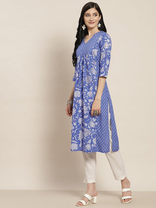 Women Blue Ethnic Motifs Printed Pure Cotton A line Kurta