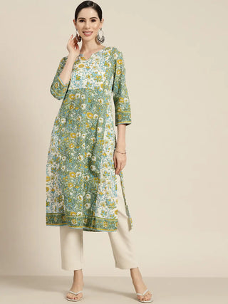 Women Green & White Floral Printed Cotton Straight Kurta