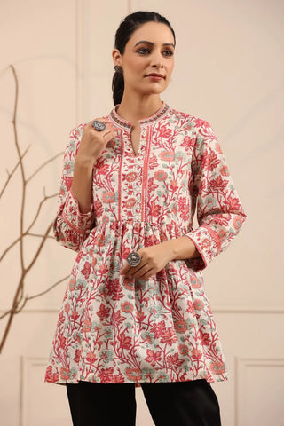 Women Cream and Pink Floral Print A-Line Kurti