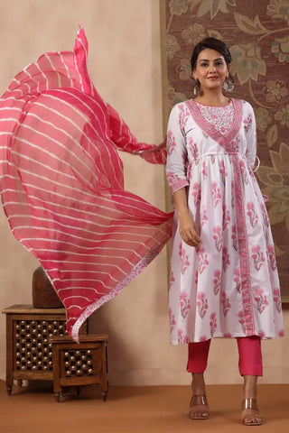 Women Fuchsia Floral Printed Pure Cotton Anarkali Kurta with Trousers & With Dupatta