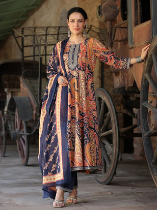 Women Blue Paisley Printed Anarkali Kurta With Trouser And Dupatta