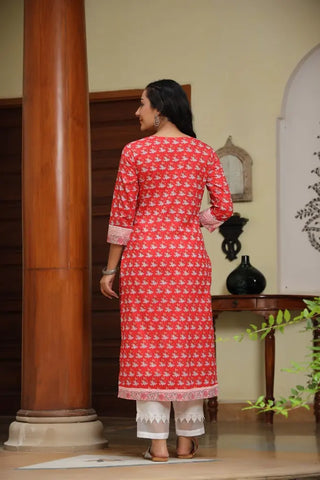 Women Red Floral Printed Pure Cotton Straight Kurta