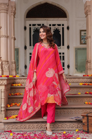cotton kurta pant dupatta set pink