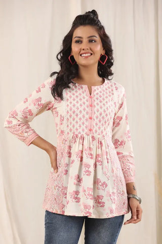 Women Peach Ethnic Motifs Printed Pure Cotton Kurti