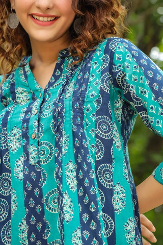 Green & Navy Blue Ethnic Motif Kurti