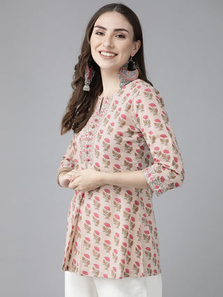 Women Floral Printed Sequinned Cotton A-Line Kurti