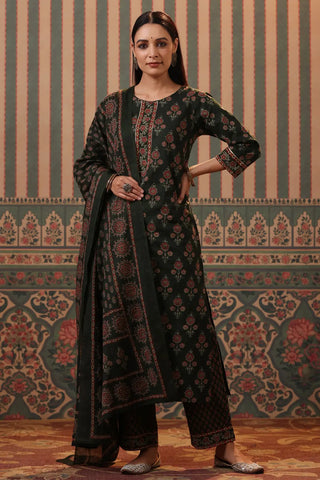 Women Green Ethnic Printed Pure Cotton Straight Kurta Set