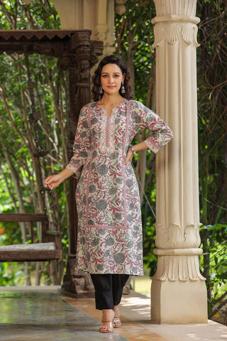 Women Rose Floral Printed Straight Kurta