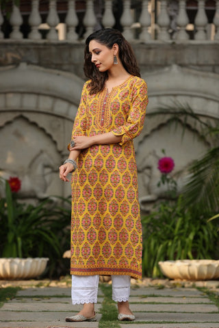 Women Musturd Ethnic Motifs Printed Pure Cotton Kurta