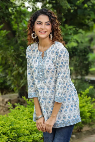 Women Blue and Off-White Printed A-Line Kurti