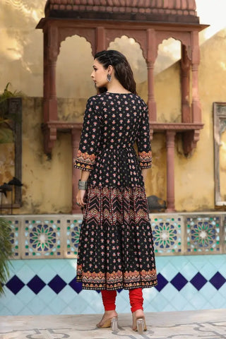 Women Black Ethnic Motifs Printed Anarkali Kurta