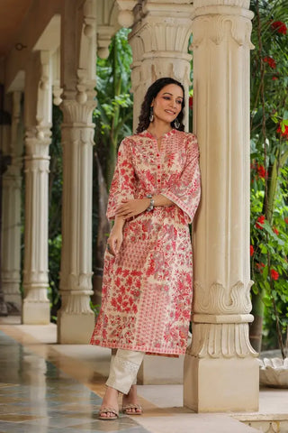 Women Peach Floral Printed Pintucks Kurta