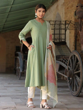 Women Green Solid Yoke Design Anarkali Kurta With Printed Dupatta And Trouser