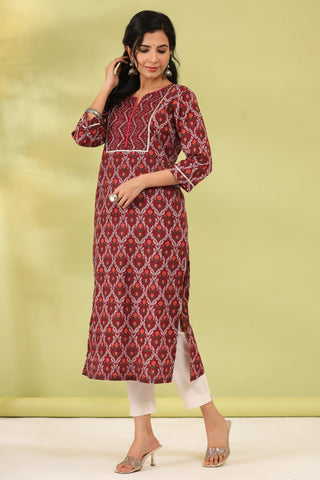 Women Maroon Ethnic Printed Pure Cotton Straight Kurta