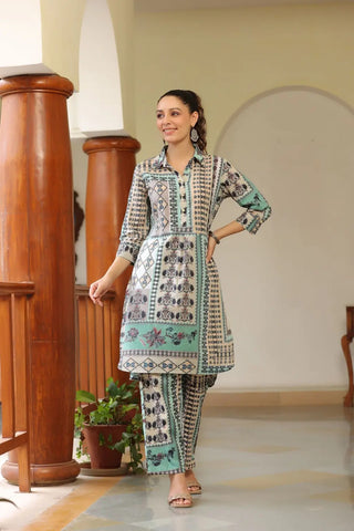 Women Ethnic Motifs Printed Collar Shirt Cotton Kurta & Trouser set