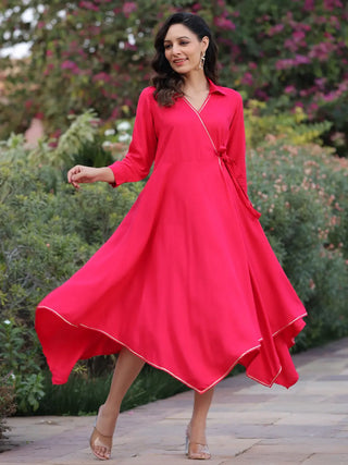 Women Fuchsia Asymmetrical Hem Dress, With V-neck