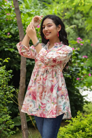 Women Peach Color Floral Printed A-line Kurti