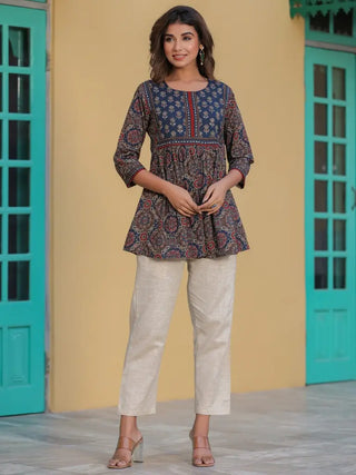 Women Blue Ethnic Motifs Printed A-line Kurti, Round Neck