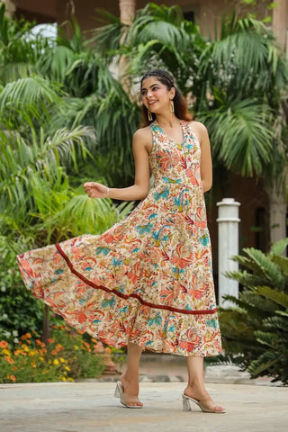 Women Multi-Coloured Floral Printed Flared Ethnic Dress