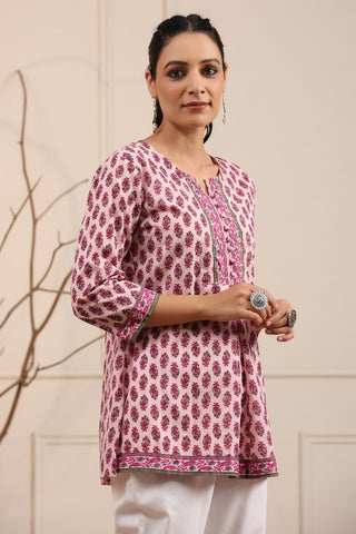 Women Lavender & Pink Printed Sequinned A-line Kurti