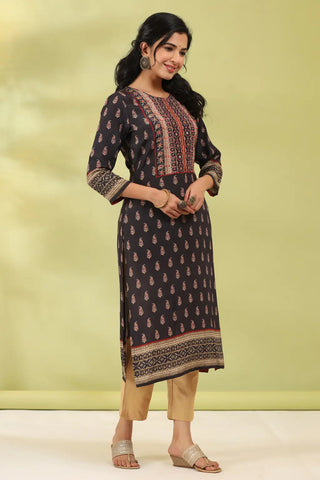 Women Black Digital Printed Mirror Work Straight Kurta