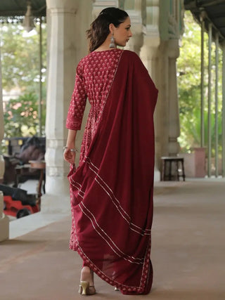 Women Panel Printed Maroon Anarkali Kurta With Trouser And Dupatta