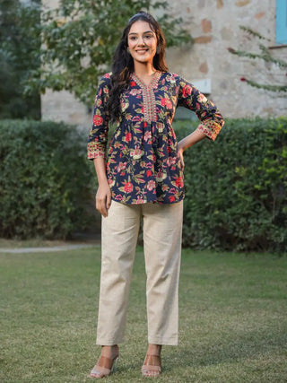 Women Navy Blue Floral Printed Pure Cotton A-line Kurti