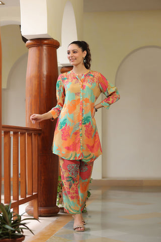 Women Multi Floral Printed Muslin Rayon Tunic With Trouser