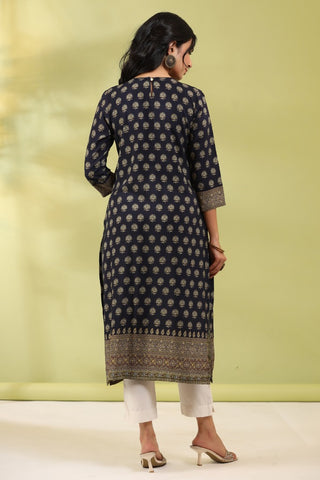 Women Black Digital Printed Mirror Work Straight Kurta