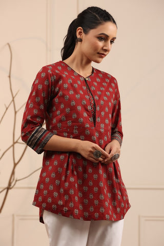 Women Maroon & Black Pure Cotton A line Kurti