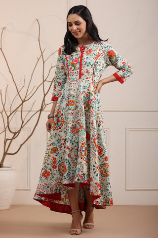 Women White and Red Pure Cotton Floral Printed Maxi Dress