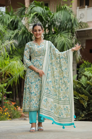 Women Teal Floral Printed Sequinned Pure Cotton Anarkali Kurta Set