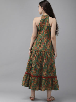 Women Green & Maroon Floral Printed Cotton A Line Ethnic Dresses