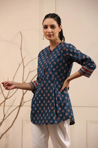 Women Navy Blue Ethnic Motifs Printed A-Line Kurti