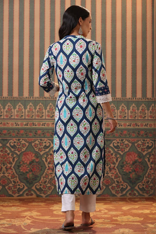 Women Blue Ethnic Motifs Printed Cotton Straight Kurta