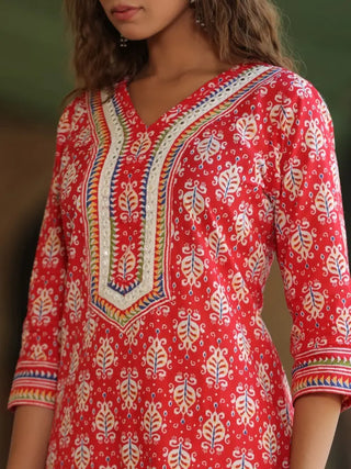 Women Red Ethnic Motifs Printed Pure Cotton Staight Kurta With Printed Trousers & Dye Dupatta