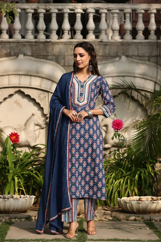 Women Blue Printed Mirror Work Cotton Kurta Set