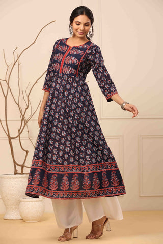 Women Navy Blue Ethnic Motifs Printed Anarkali Kurta