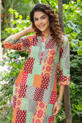 Women Multi-Color Red Patch Printed A-line Kurti