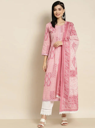 Women Peach-Coloured Ethnic Motifs Printed Sequinned Pure Cotton Kurta with Trousers