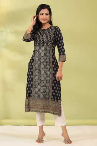 Women Black Digital Printed Mirror Work Straight Kurta