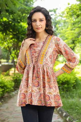 Women Beige Ethnic Motifs Printed Cotton Empire Top