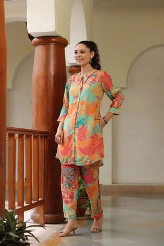 Women Multi Floral Printed Muslin Rayon Tunic With Trouser