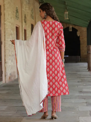 Women Red Ethnic Motifs Printed Pure Cotton Staight Kurta With Printed Trousers & Dye Dupatta