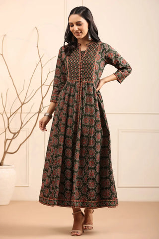 Women Green Ethnic Motifs Printed Pure Cotton Anarkali Kurta