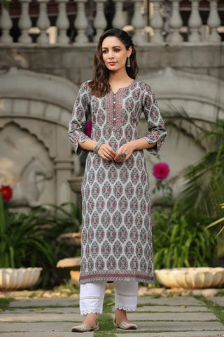 Women Grey Ethnic Motifs Printed Pure Cotton Kurta