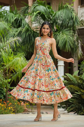 Women Multi-Coloured Floral Printed Flared Ethnic Dress