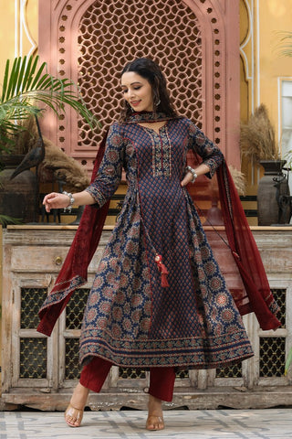 Women Blue Anarkali Cotton Printed Kurta Set